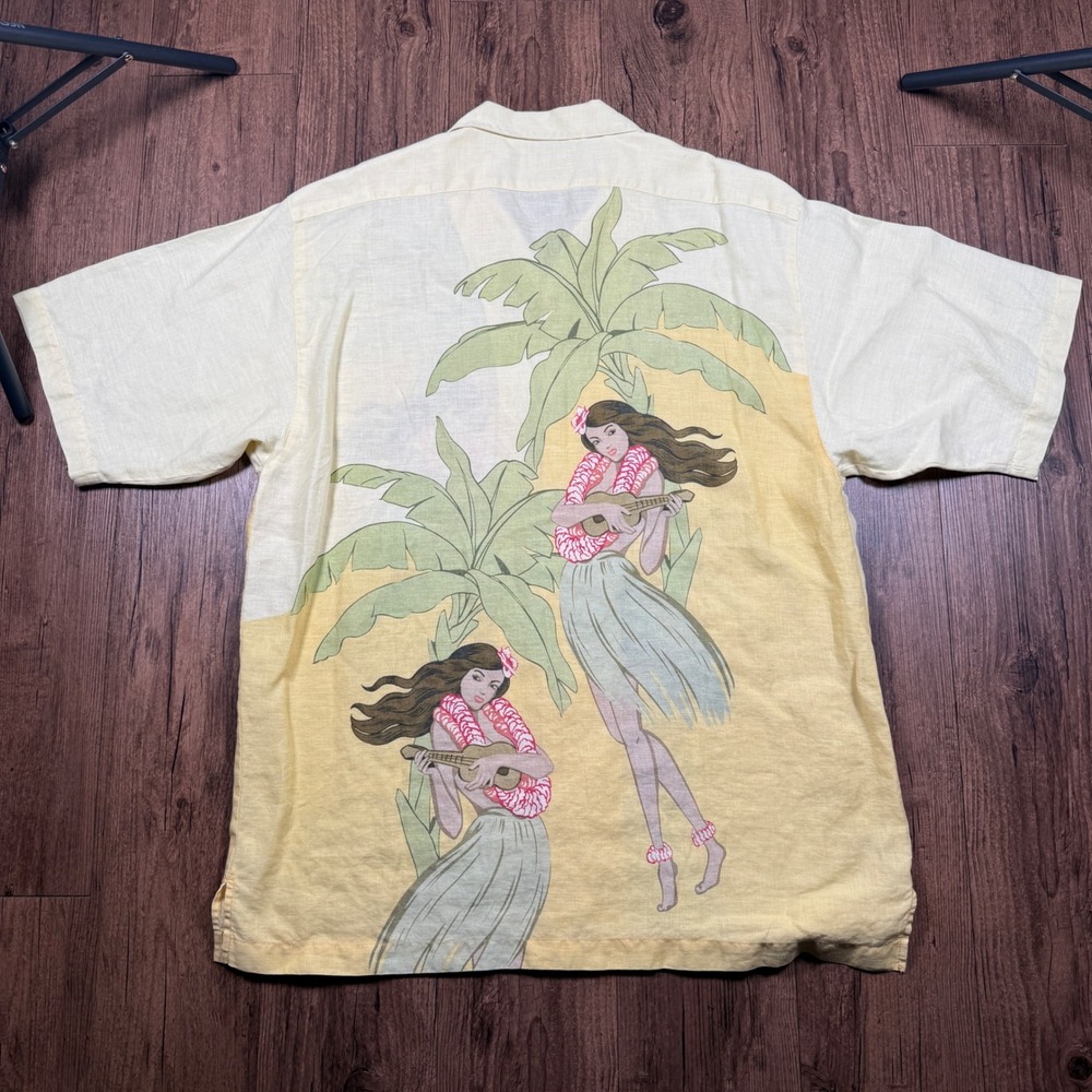 Tommy Bahama Linen Camp Shirt Men M Cream Hula Girl Ukulele Tropical Resort Loop - Picture 7 of 8
